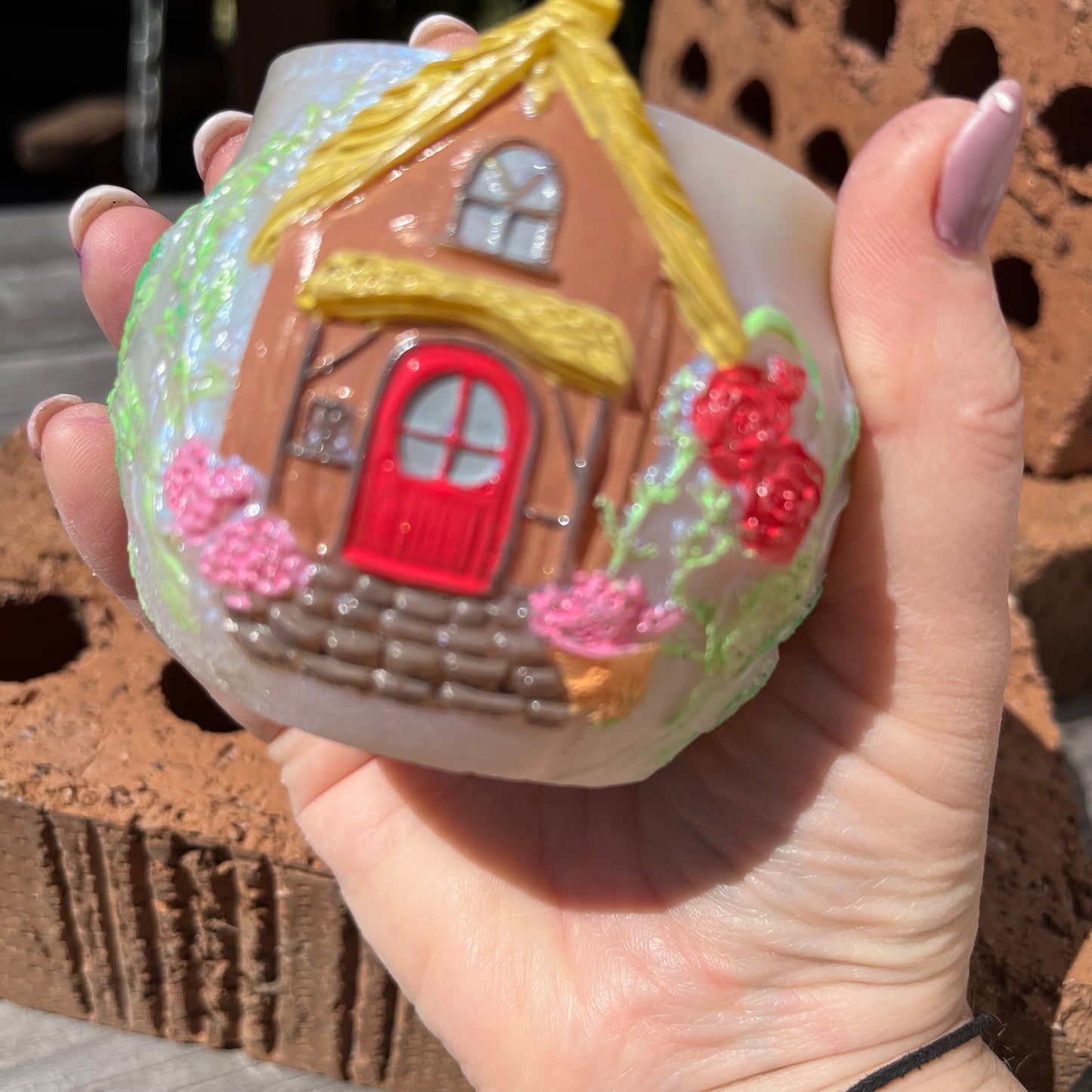 Colourful Cottage Scene 3d Resin Pot