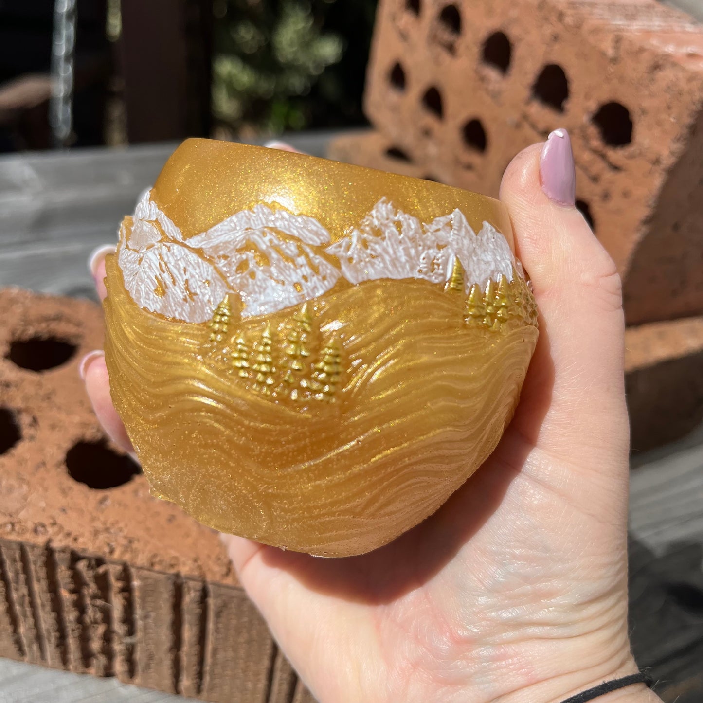 Gold and White Winter Scene Resin Pot