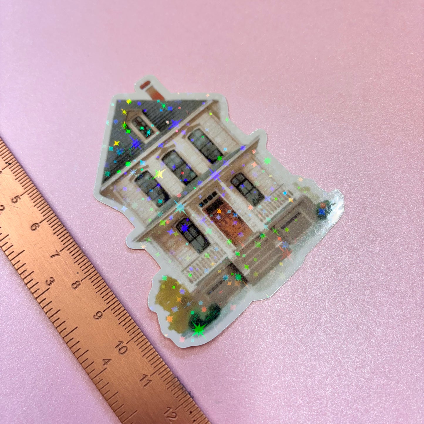 City Life Wooden House Die Cut Sticker in holographic