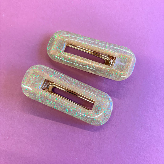 2 Yellow Glitter Rectangle Hair Clips