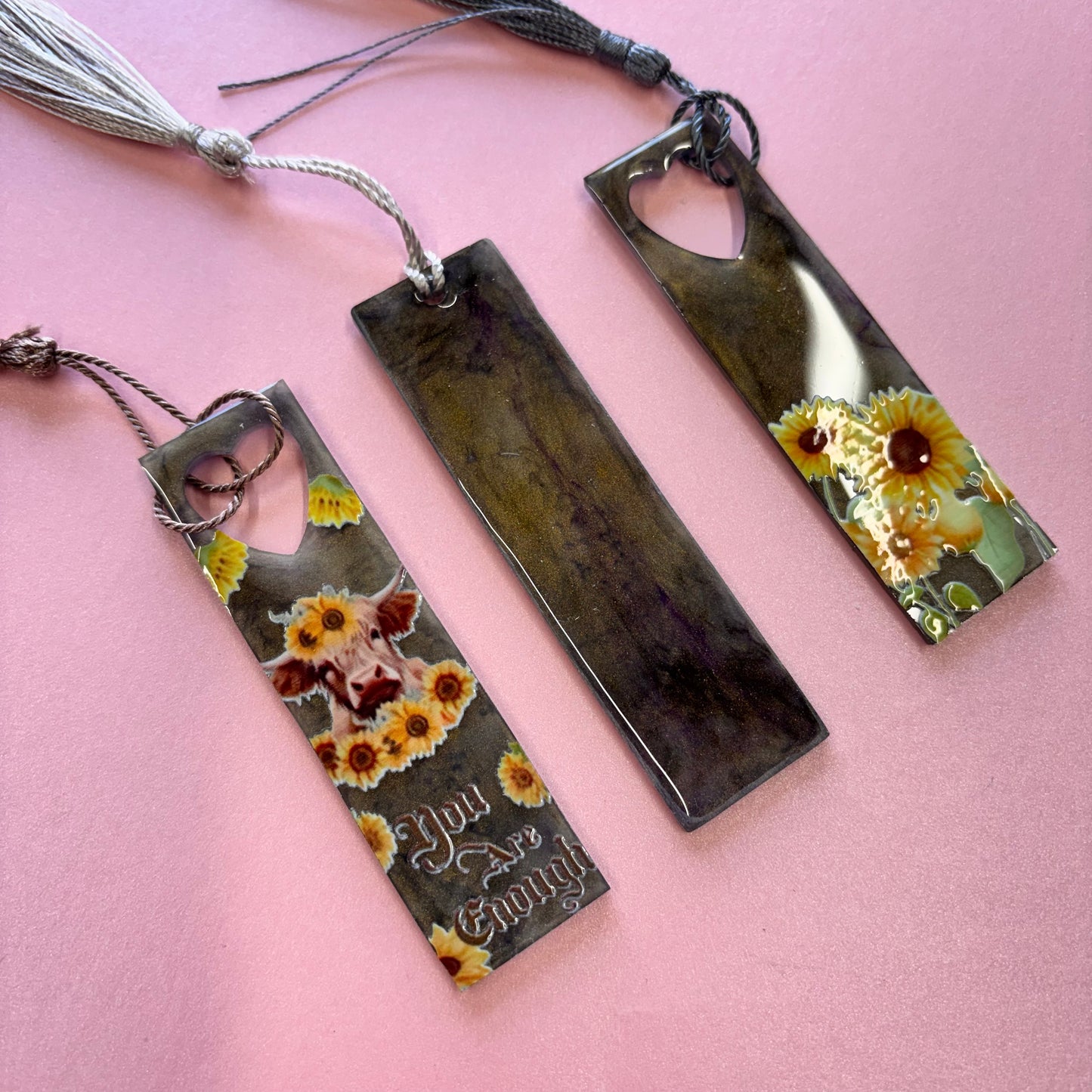 Set of 3 Resin Sunflower Highland Cow Bookmarks With Tassels