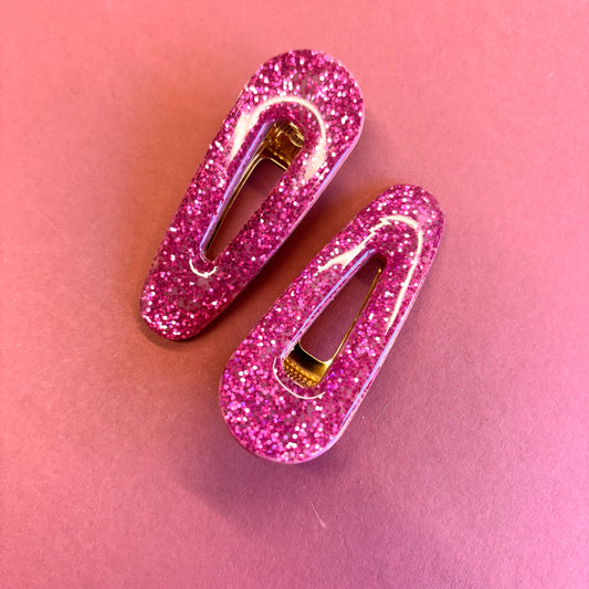 2 Pink Glitter Oval Hair Clips
