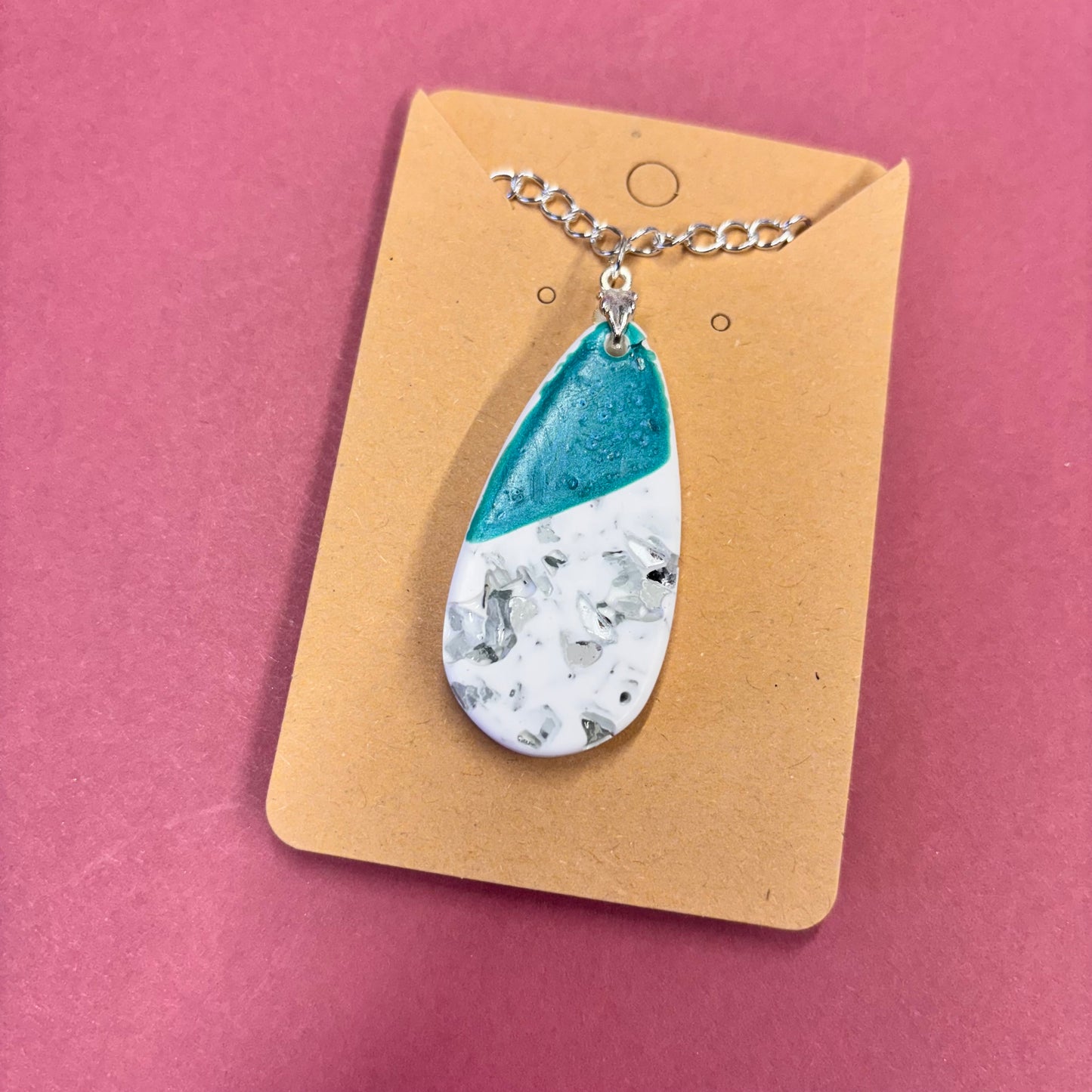 Teal Teardrop Mirror Crushed Glass Stones Eco Resin Pendant