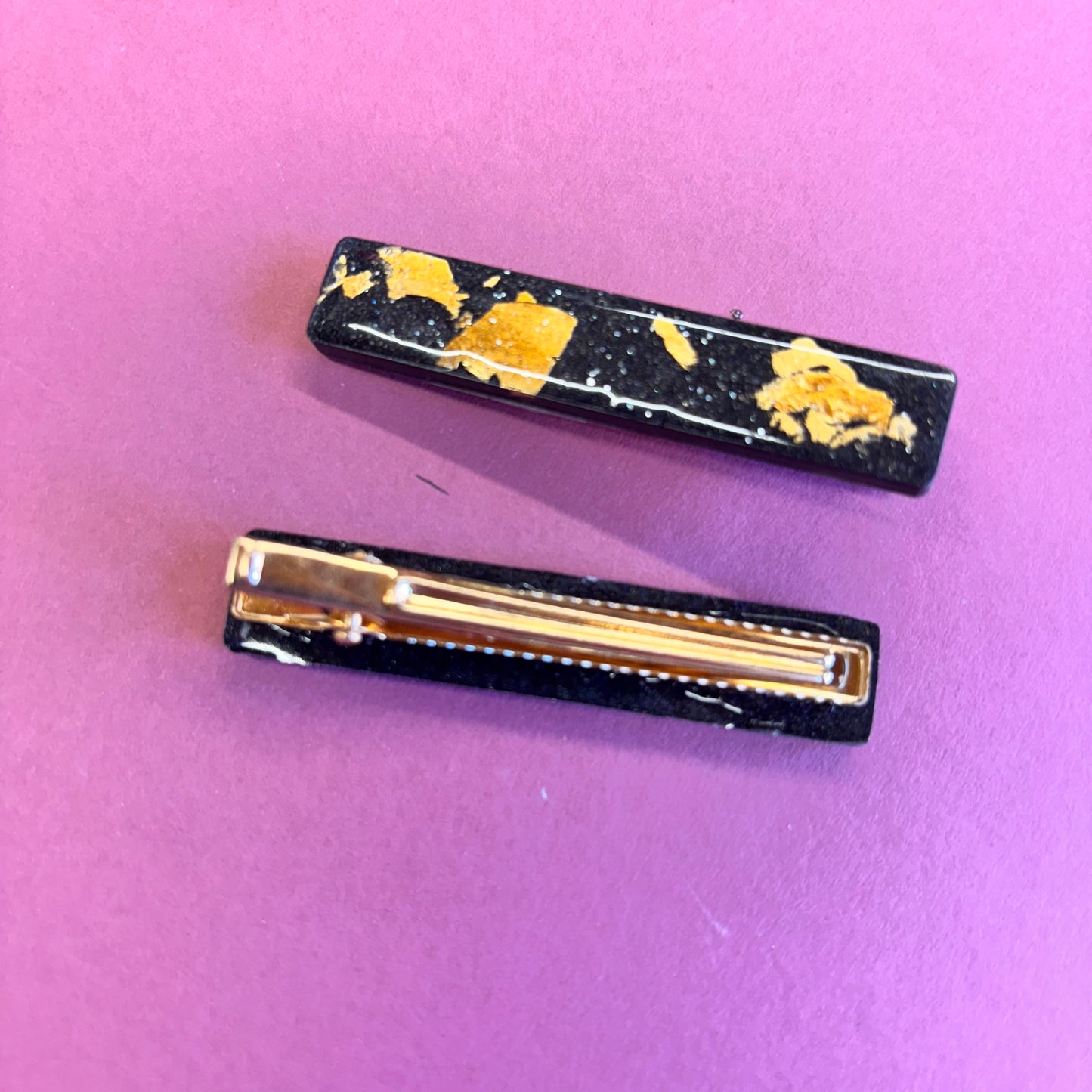 2 Black and Gold Foil straight Hair Clips