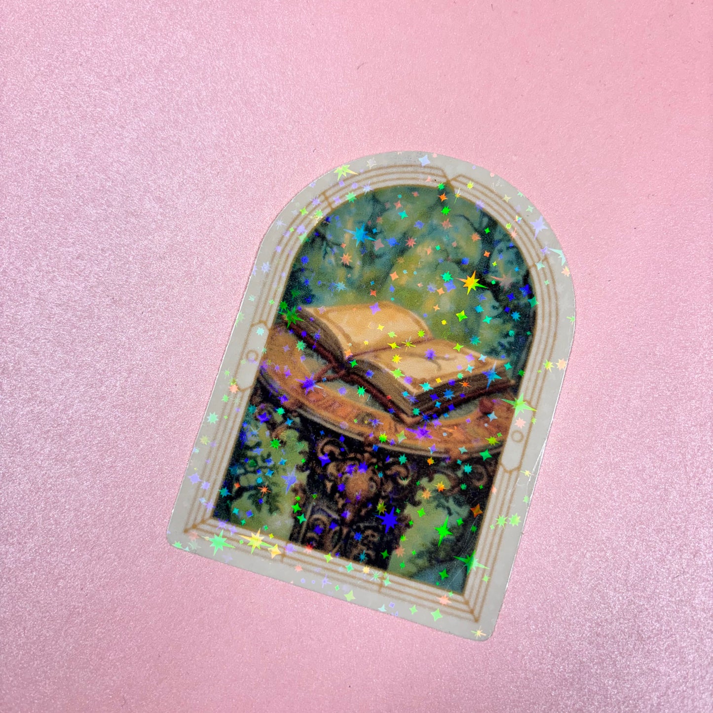 Arched Fantasy Book Holographic Die Cut Sticker
