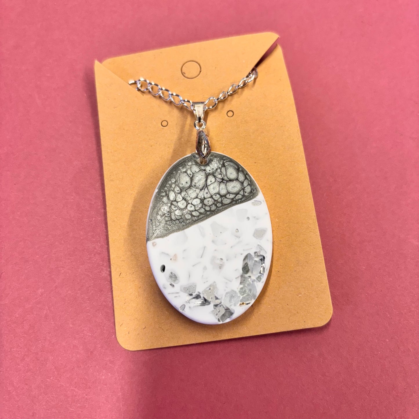Grey Oval Mirror Crushed Glass Stones Eco Resin Pendant