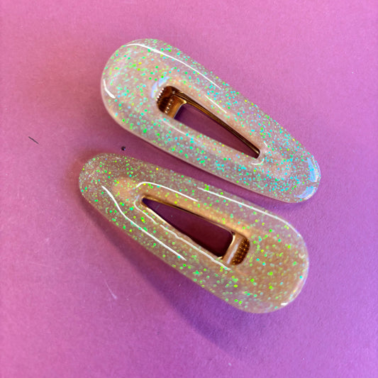 2 Yellow Glitter Oval Hair Clips
