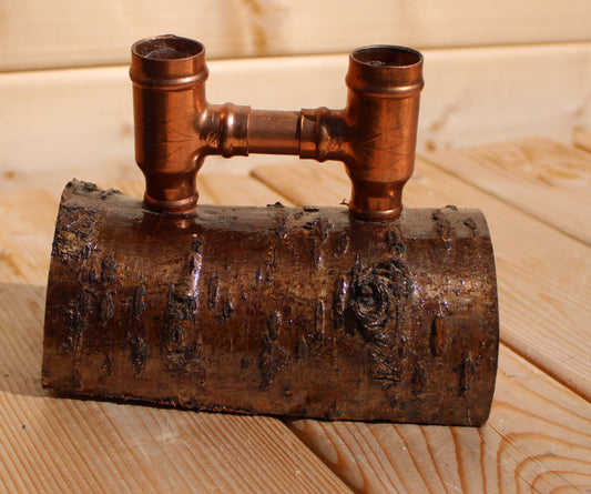 Small Wood and Copper Pipe Candle Holder