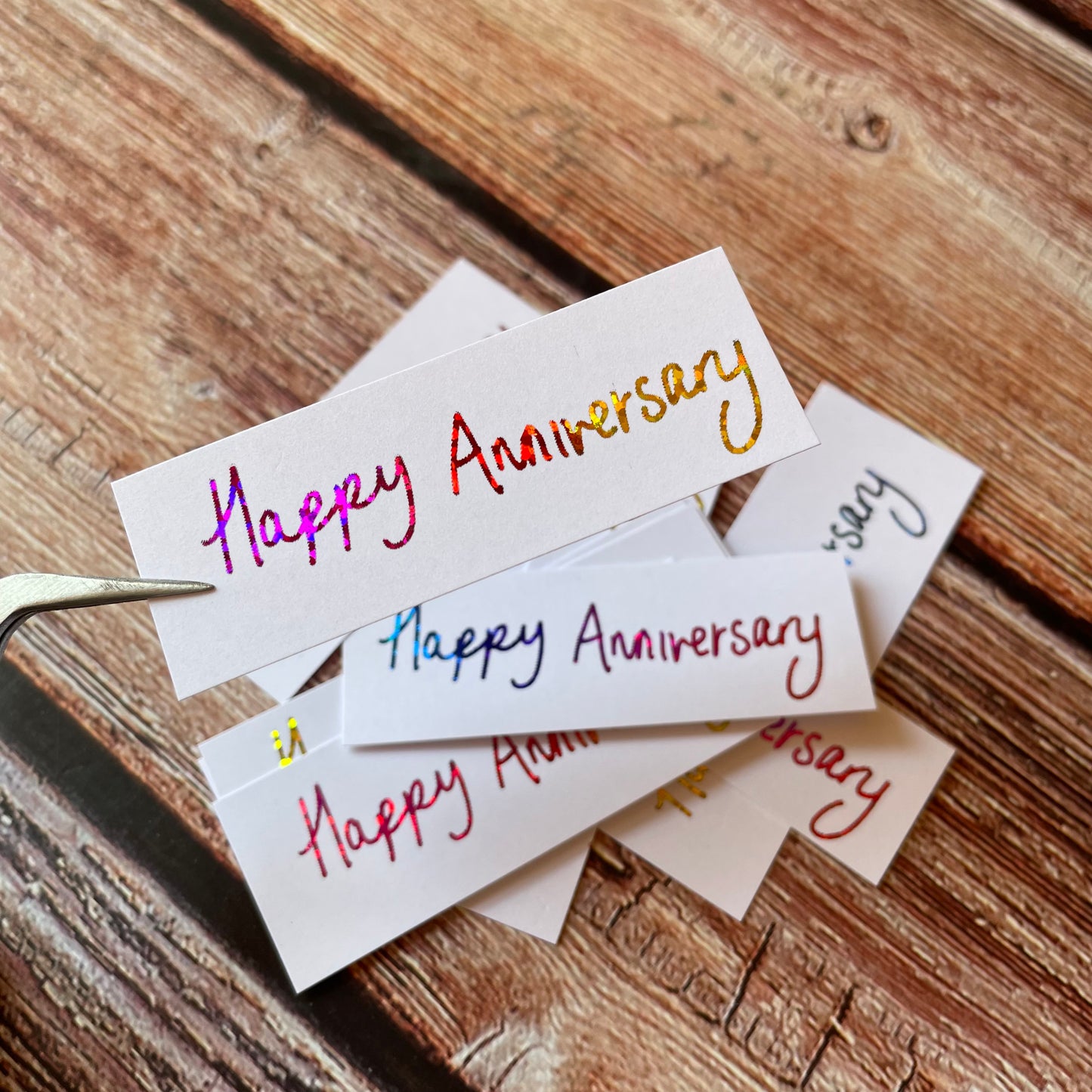 10 pcs Handwritten 'Happy Anniversary' coloured Foiled sentiments