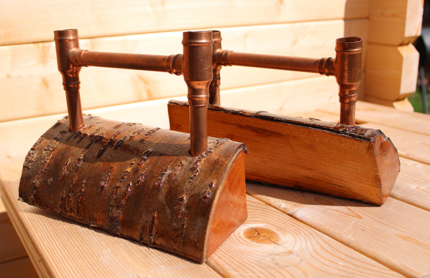 Set of 2 wooden and copper Book end Candle Holders