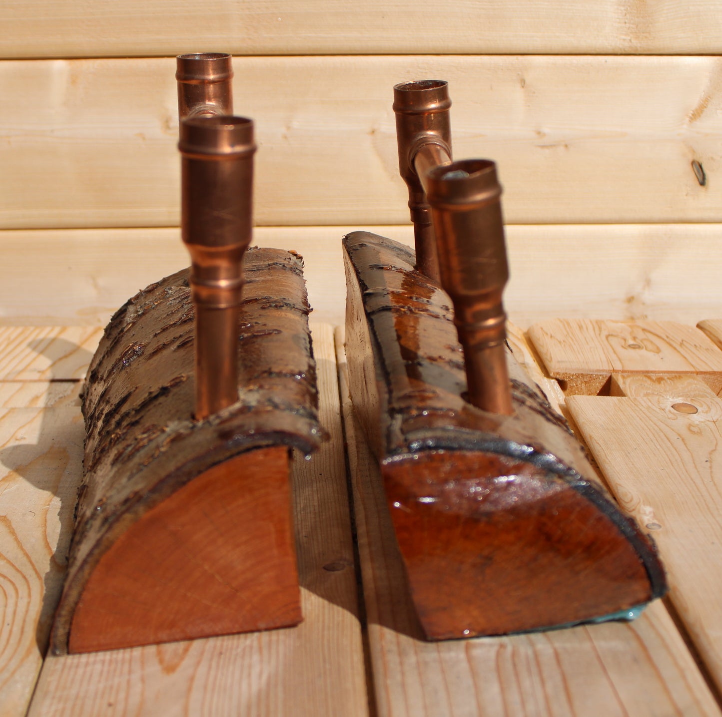 Set of 2 wooden and copper Book end Candle Holders