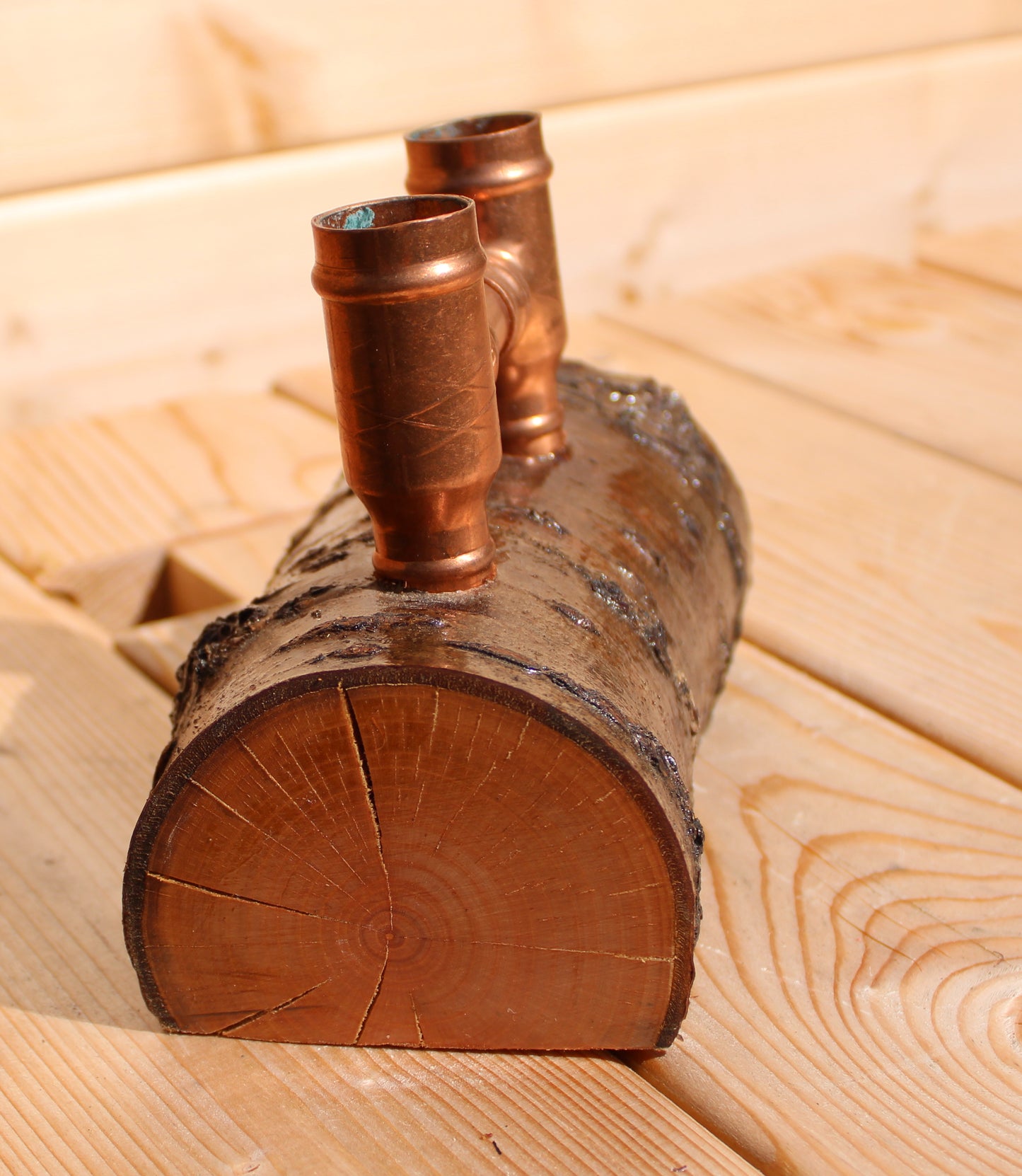 Small Wood and Copper Pipe Candle Holder