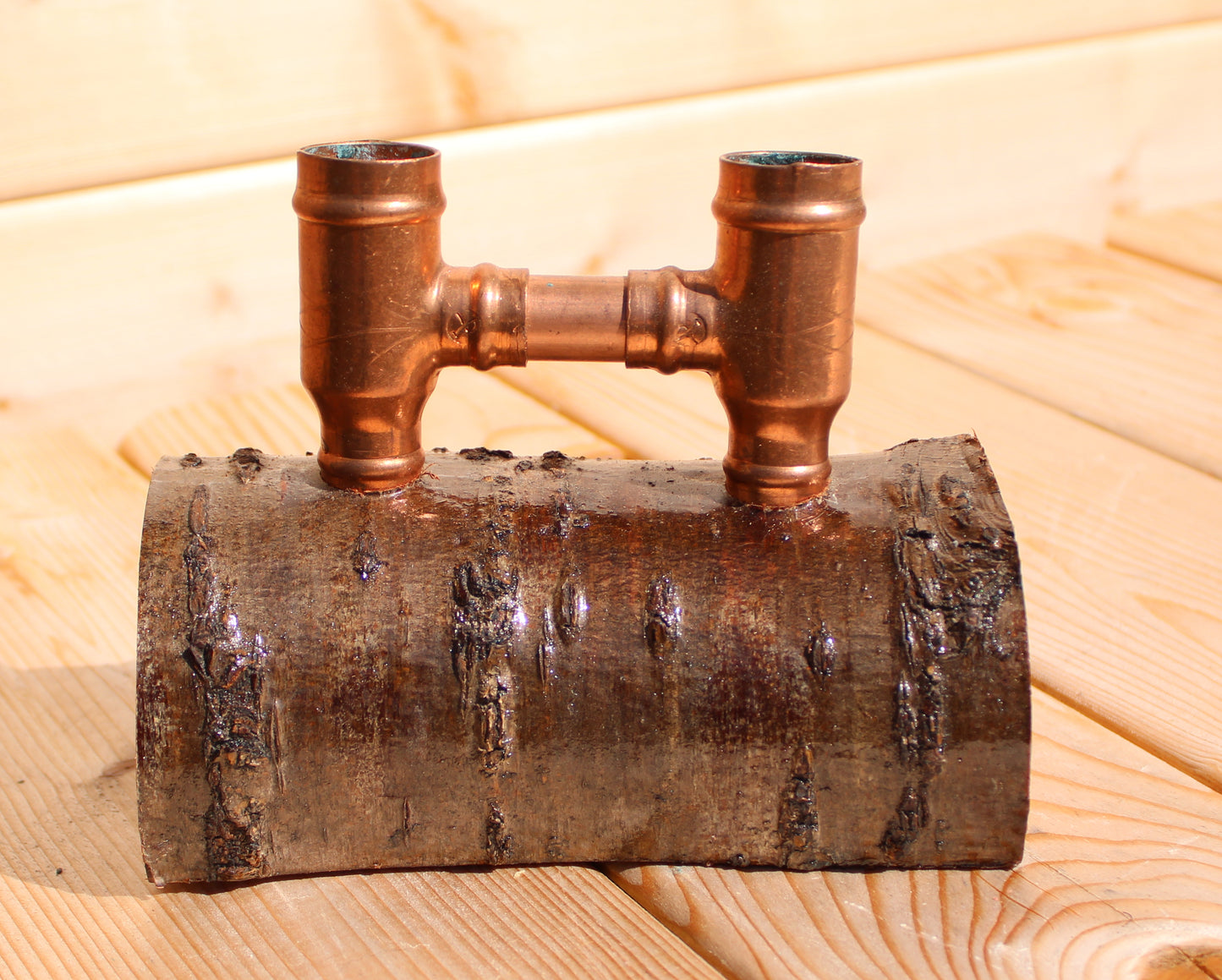 Small Wood and Copper Pipe Candle Holder