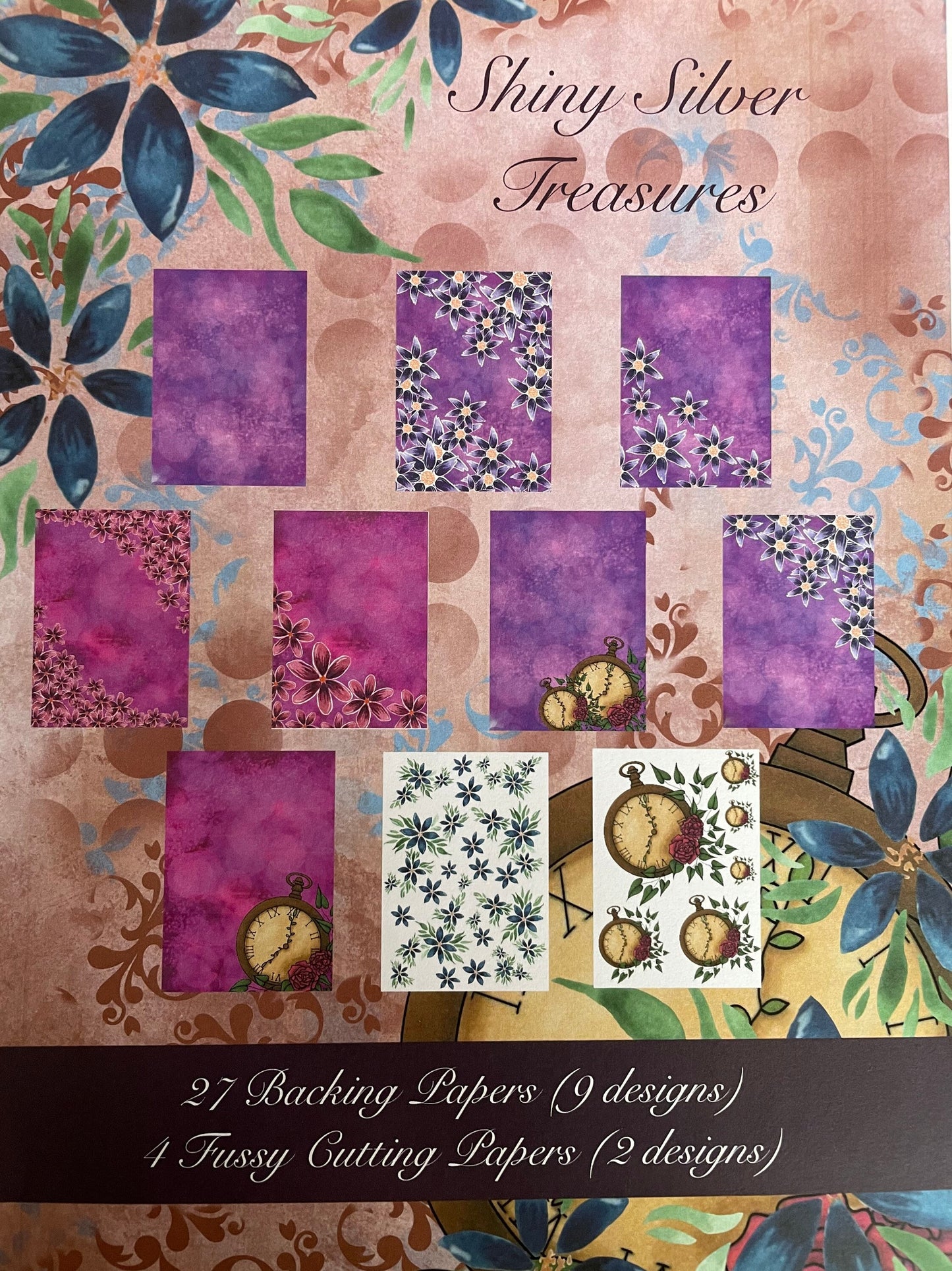 Bright treasures paper pad contains 27 A4 sheets (9 designs) and 4 fussy cut sheets (2 designs)