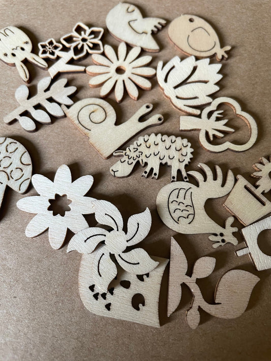 18pc floral treasures wooden elements pack flowers and animals