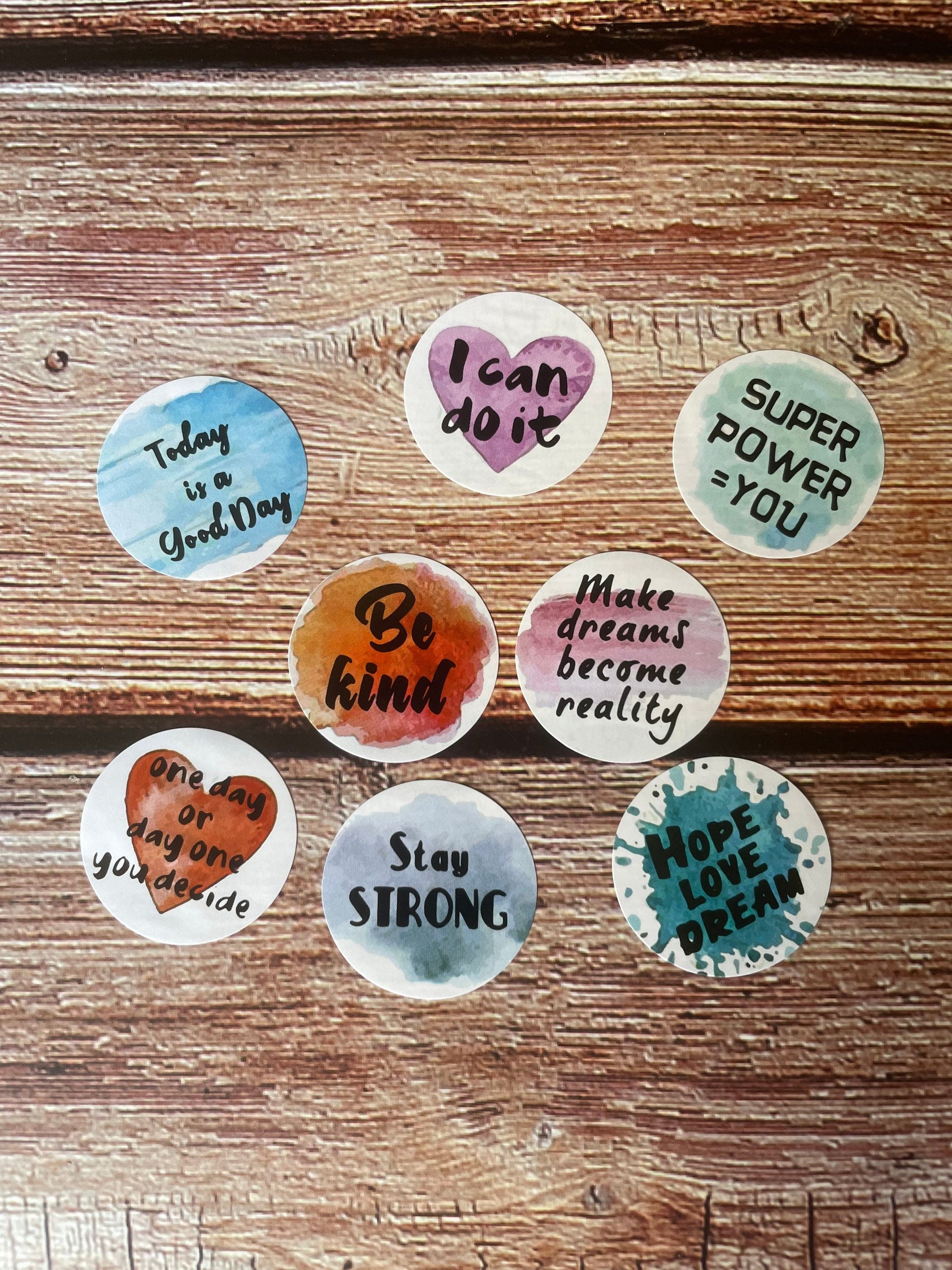 40pc round positive sentiment stickers 25mm 8 designs (5 of each design) pack 1