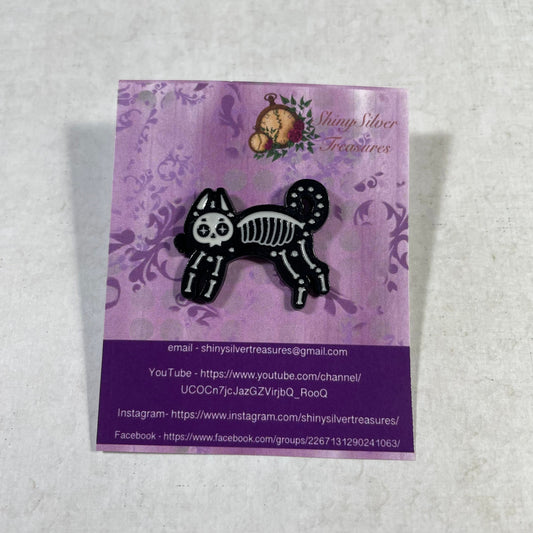 Skeleton cat enamel pin badge with rubber back