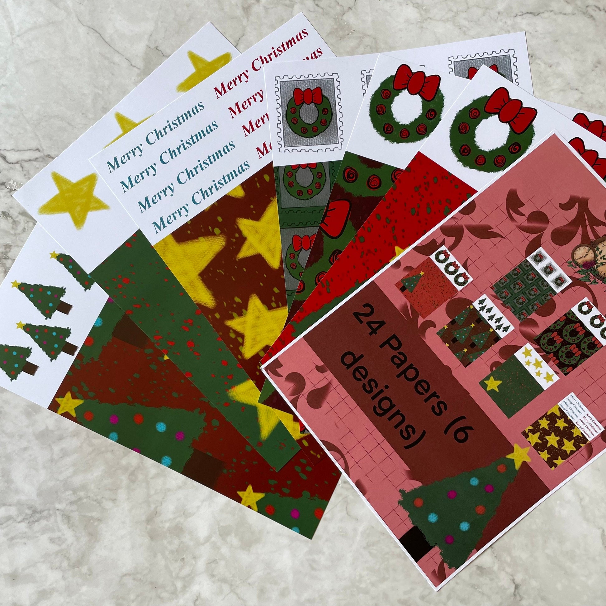 Feastive treasures Christmas paper pad contains 24 A4 sheets (6 designs) of beautiful Christmas backgrounds with added ephemera