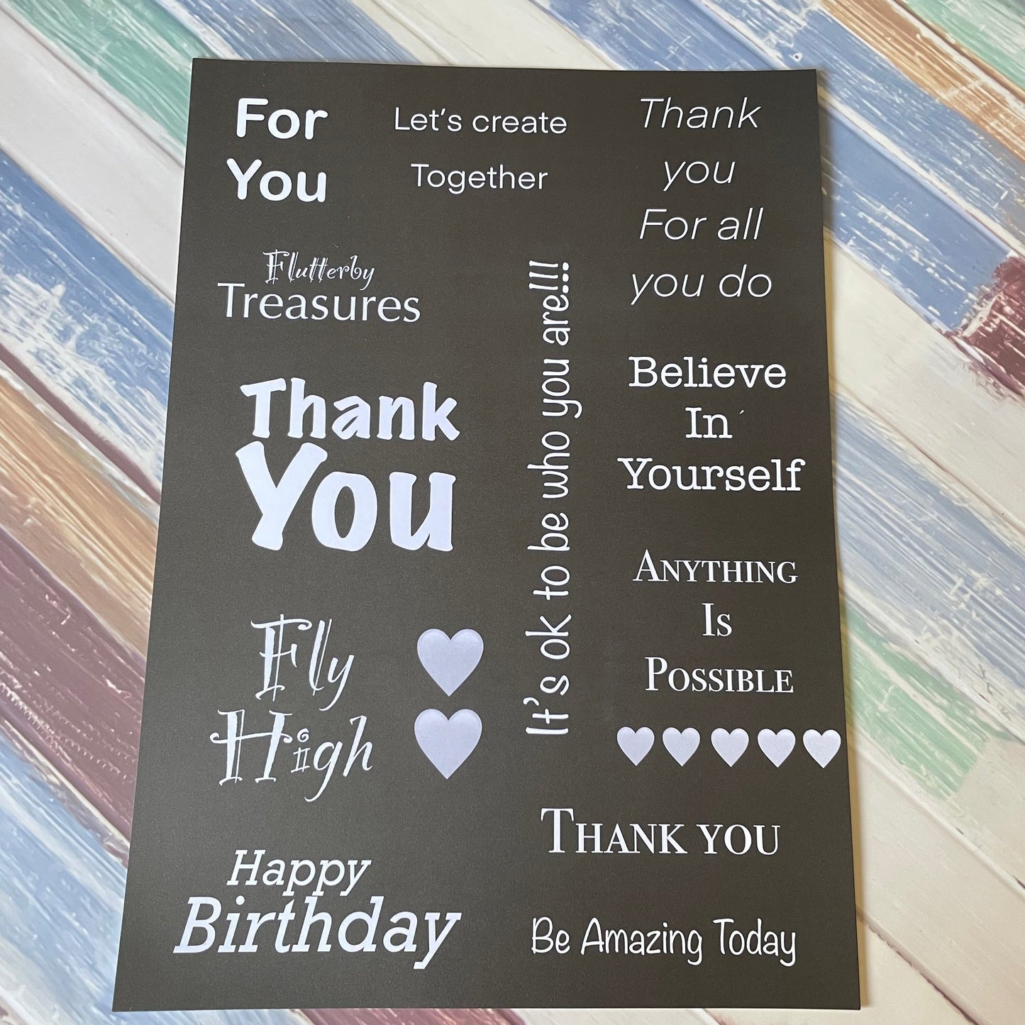 Flutterby treasures word pack 2 A4 sheets and 2 A5 sheets black with white writing