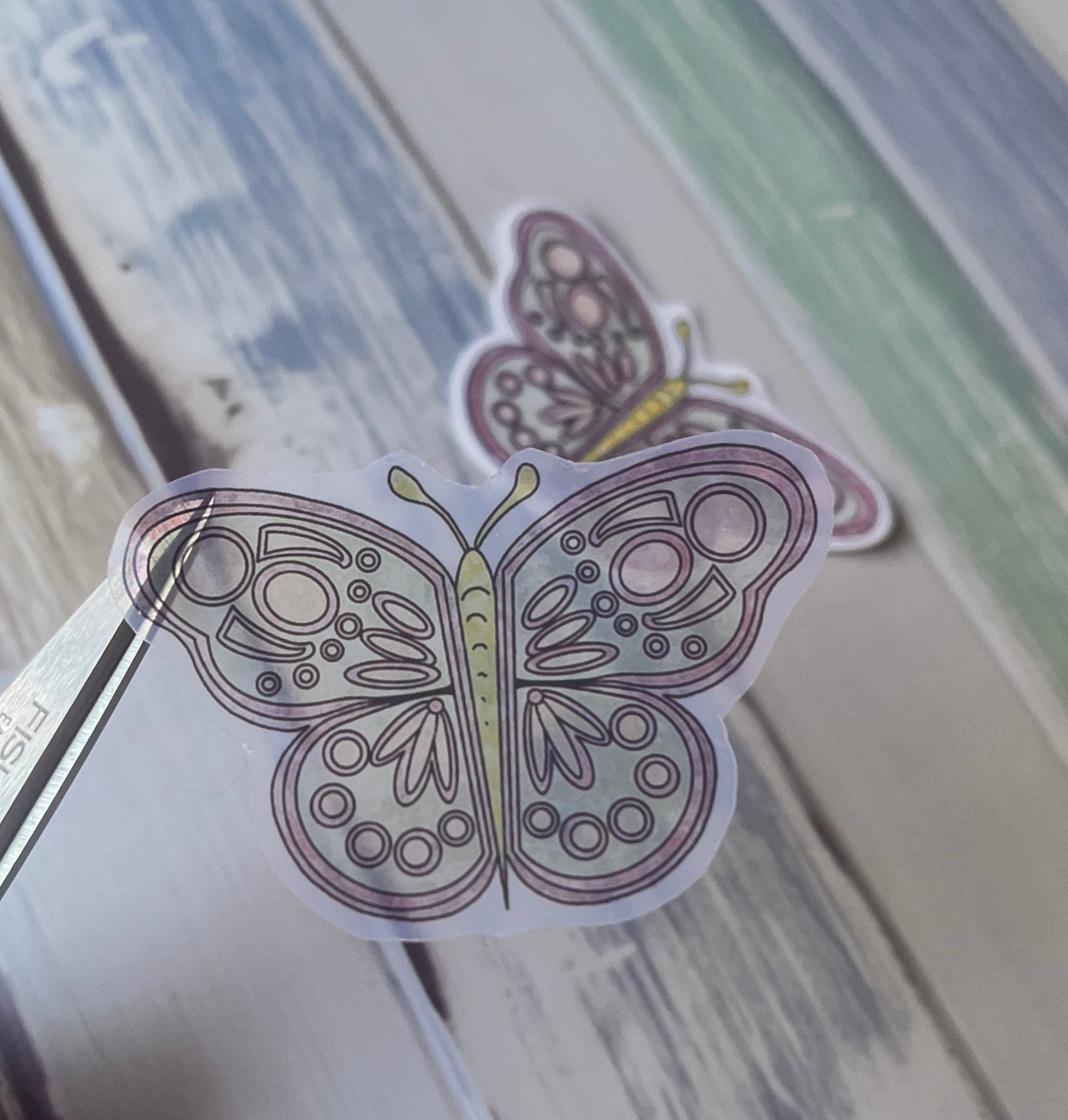 2 x clear gloss die cut stickers doodle butterfly 3.5cm x 5cm