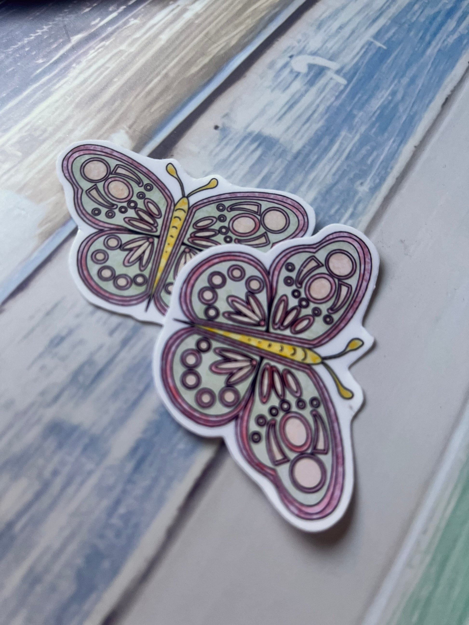 2 x clear gloss die cut stickers doodle butterfly 3.5cm x 5cm