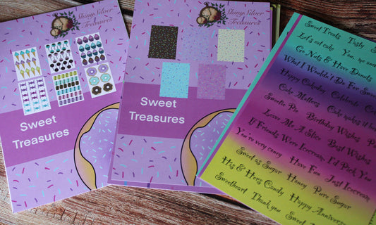 Sweet treasures paper pad collection contains 15 A5 sheets backing papers, word pack and fussy cutting pack