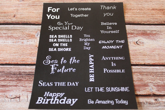 Seaside treasures word pack 2 A4 sheets and 2 A5 sheets black with white writing