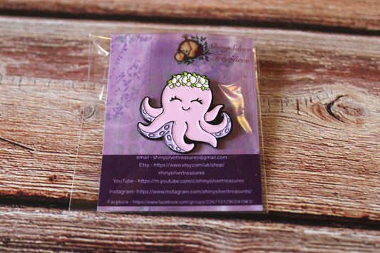 Super Cute Pink Octopus enamel pin badge with rubber back